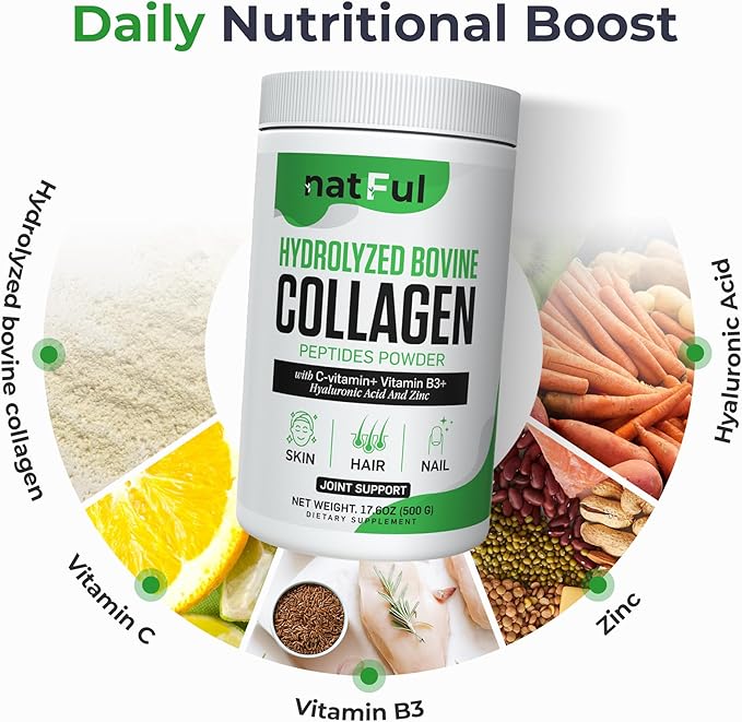 Collagen Peptides Powder – Hydrolyzed Bovine Collagen with Vitamin C Hyaluronic Acid Zinc &amp B3 – Type 1 &amp 3 Unflavored Protein Powder for Women &amp Men Hair Skin Nails Joints 45 Serving