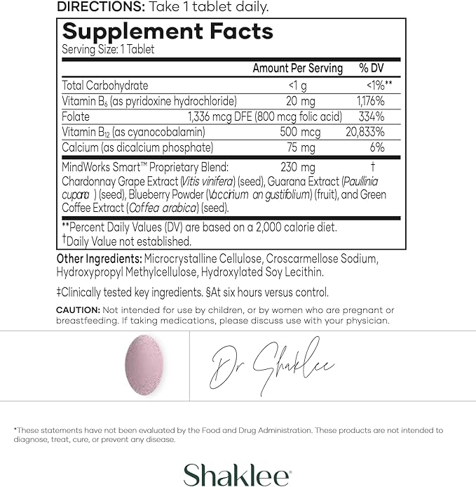 Shaklee MindWorks® - Brain Health Supplement for Brain Sharpness &amp Focus - Supported Nutrients &amp Extracts - Chardonnay Grape Seed Polyphenols Guarana Extract Vitamins B6 B12 Folate - 30 Ta