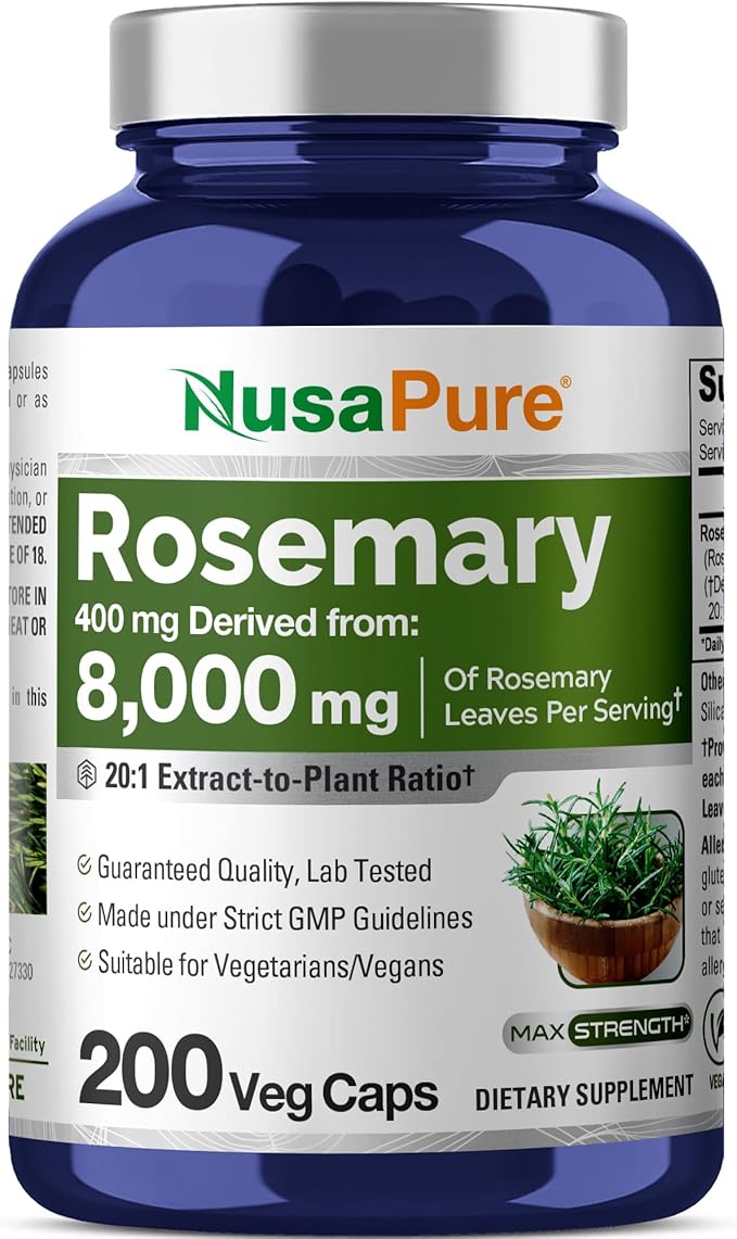 NusaPure Rosemary Capsules | 20:1 Extract 400 mg Equivalent to 8000mg | 200 Veggie Caps | Non-GMO &amp Vegan