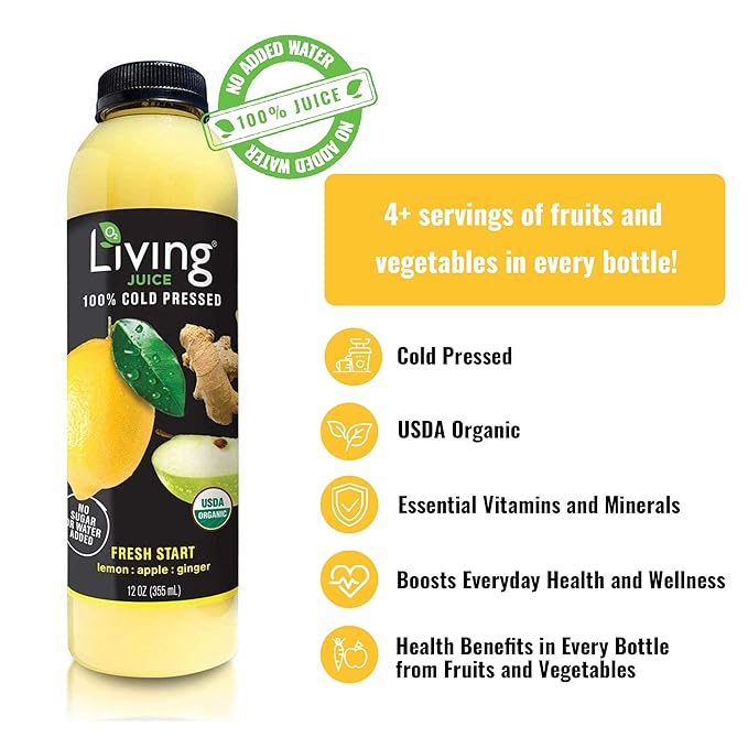 O2 Living Juice Cold Pressed Drink - Fresh Start Organic Juice Pack - No Added Sugars or Water Naturally Sweetened from Fruits Rich in Nutrients &amp Vitamins - Refreshing &amp Non-GMO - 12 fl oz