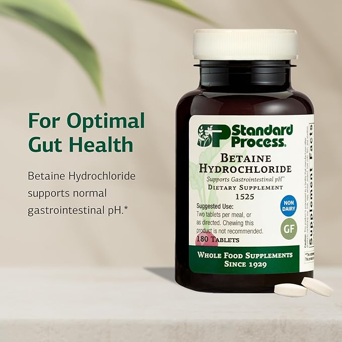 Standard Process Betaine Hydrochloride - Supplement for Gastrointestinal pH Support - Supports Digestive Health &amp Iron Absorption - Gluten-Free Non-Dairy &amp Non-Soy - 180 Tablets (90 Servings)
