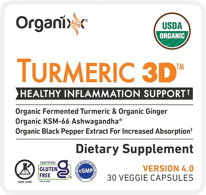 Organixx USDA Organic Turmeric Curcumin Supplement with Ashwagandha Vitamin D Turmeric &amp Ginger – Fermented for Maximum Bioavailability 30 Capsules