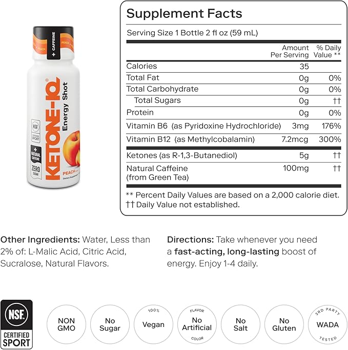 Ketone-IQ Exogenous Ketone Energy Shots with Caffeine - 12 Pack of Green Tea Caffeine Shots with 5g Bioidentical Ketones and B Vitamins - Fast Acting On The Go Clean Energy Drink (Peach)