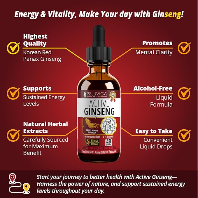 Active Ginseng Korean Red Panax Ginseng with Natural Ginsenosides - All-Natural Advanced Liquid Solution for 2X Absorption - Supports Healthy Energy Vitality Mood and More