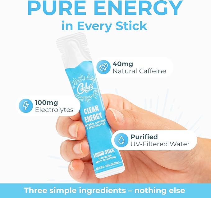 Curly's Clean Energy Caffeine &amp Electrolyte Sticks - Energize Your Favorite Drink - Keto Paleo &amp Whole 30 Friendly - All Natural - No Sugar No Calories Non-GMO - 30 Flavorless Liquid Stick