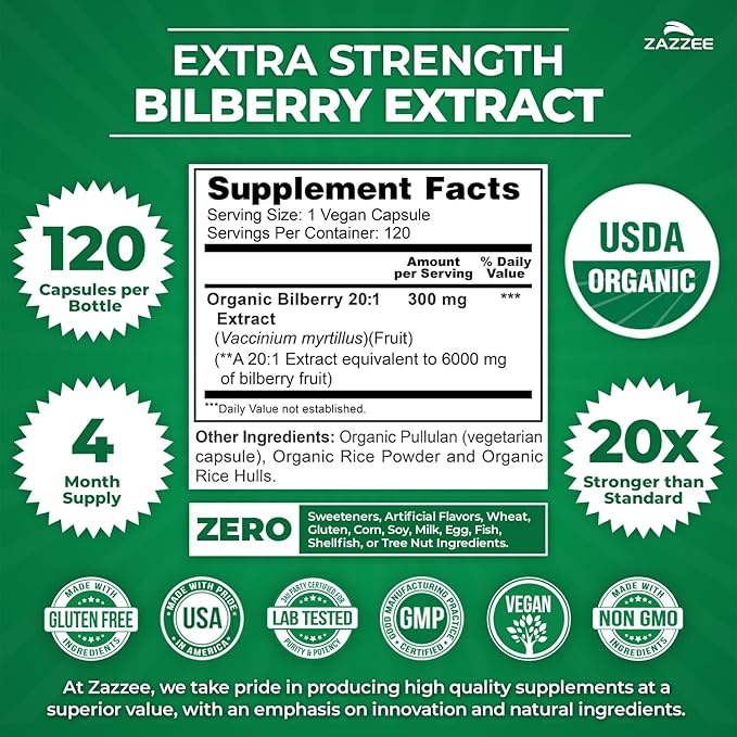 Zazzee USDA Organic Bilberry 20:1 Extract 120 Vegan Capsules 4 Month Supply Vaccinium Myrtillus Eye Health Vision &amp Antioxidant Support All-Natural Non-GMO Made in the USA