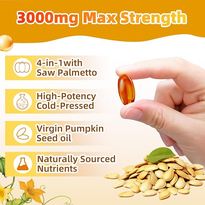 4-in-1 Pumpkin Seed Oil 3000mg with Saw Palmetto &amp Vitamin D3 – Cold Pressed Softgels for Hair Prostate &amp Bladder Wellness – Non-GMO 300 Capsules (100-Day Supply)