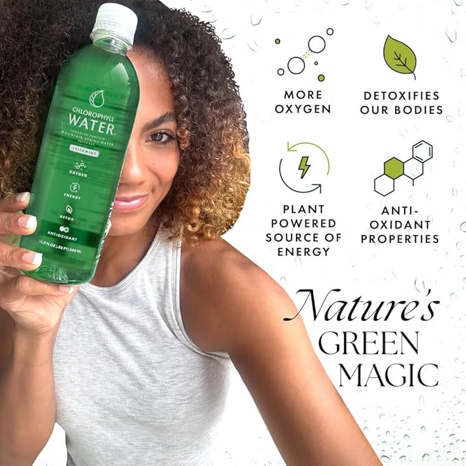 Chlorophyll Water (6-pack) Certified Clean Label Chlorophyll Liquid Drops in Purified Water Beauty Drink for Glowing Skin Anti-Aging &amp Natural Detox with Plant-Based Vitamins A B12 C D3 (16.