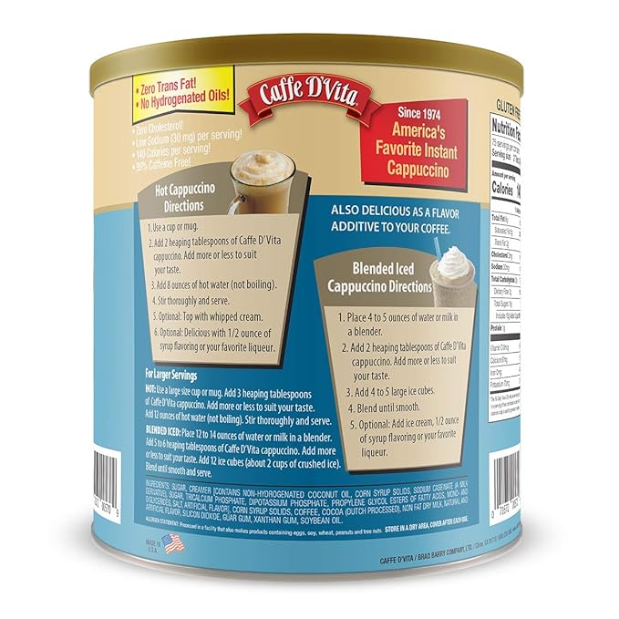 Caffe D'Vita French Vanilla Cappuccino Mix - Instant Vanilla Cappuccino Coffee Mix Gluten Free No Cholesterol 99% Caffeine Free - 4 lb. Can