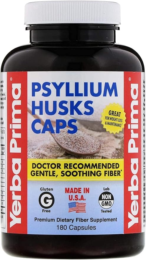 Yerba Prima Psyllium Husks Caps - 180 caps (Pack of 4) - Natural Fiber Supplement - Non-GMO Gluten Free