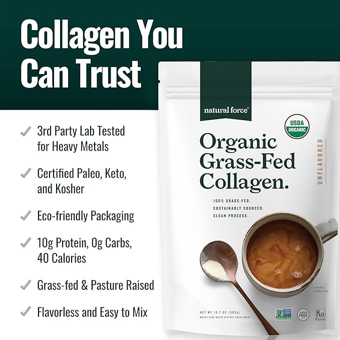 Natural Force Organic Clean Collagen Peptides Powder - USDA Certified Organic &amp Non-GMO Keto &amp Paleo Certified - Hydrolyzed Type I &amp III Protein Powder with Essential Amino Acids – Unflav