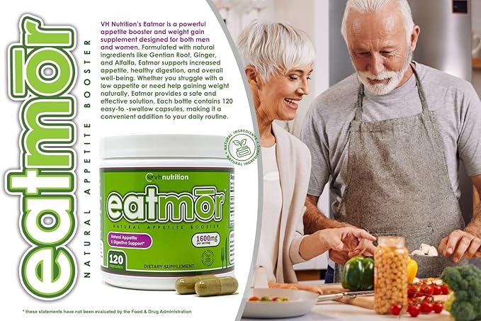 VH Nutrition Eatmor | Appetite Booster | Weight Gain Pills* for Women and Men | Designed for Women with Gentian Ginger Alfalfa | 120 Easy-to-Swallow Capsules
