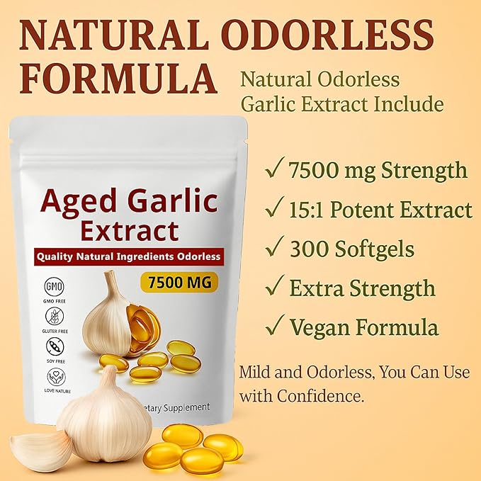 Elare Aged Garlic Extract 7500mg Organic Garlic Capsules Supplement for Supports Immune &amp Heart Health Odorless Non-GMO Gluten-Free Vegetarian 300 Softgels