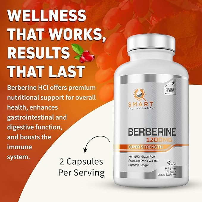 Smart Nutra Labs Premium Berberine HCL 1200mg- 180 Vegan Capsules 100% Pure Berberine Supplement- Non-GMO Gluten Free