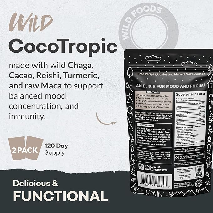 Wild Cocotropic Organic Mushroom Cocoa Mix - Healthy Vegan Hot Chocolate Mix - Organic Cacao Powder Reishi Chaga Maca Turmeric - 3rd Party Tested - Sugar Free - Keto &amp Paleo - (2 packs of 16oz