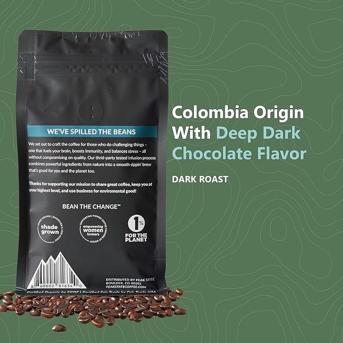 Peak State Brain Sustain Coffee with Benefits Dark Roast – Organic Mushroom Coffee Low Acid and Smooth Sweet Citrus and Lemon Flavor Whole Bean Gluten Free 12 oz