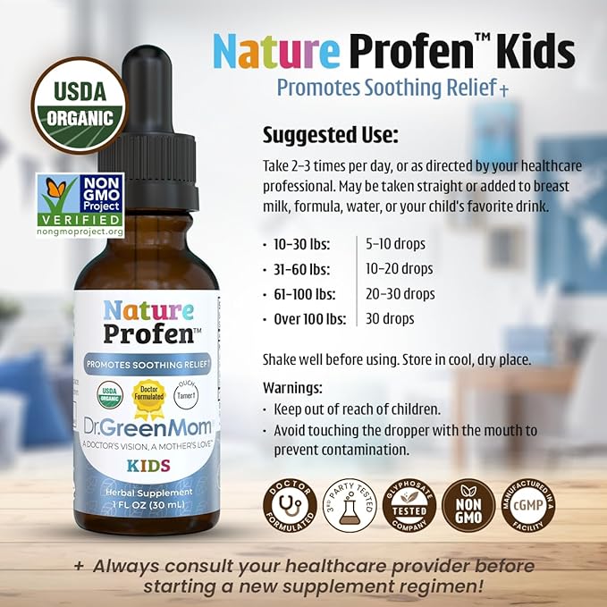 Dr. Green Mom Nature Profen Natural Relief for Infants &amp Kids | USDA Organic Herbal Drops for Teething Growth Spurts and Occasional Discomfort | Natural Child &amp Baby Comfort Aid