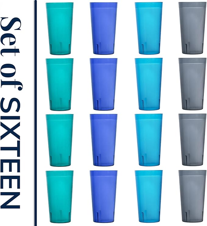 US Acrylic Cafe Plastic Reusable Tumblers (Set of 16) 20-ounce Water Cups Coastal Colors | Restaurant Style Drinking Glasses Value Set Stackable BPA-free Made in the USA | Top-rack Dishwasher Safe