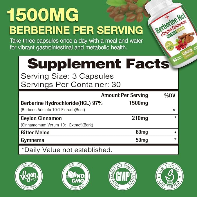 Berberine Supplement 1500mg - Premium Berberine HCl 97% Purity Berberine Plus Pure Ceylon Cinnamon High Potency Berberine for Men Women Non-GMO Vegan 2Pack