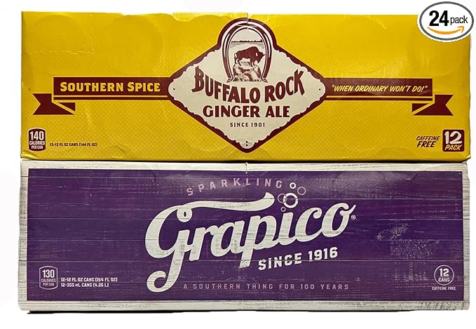 Buffalo Rock Ginger Ale Soda Pop Grapico Sparkling Grape Softdrink Variety 12 oz 12 Pack Cans (one case each 24 cans)