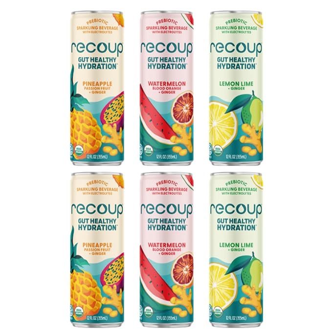 Recoup Organic Sparkling Prebiotic Drink - Variety + Ginger with Electrolytes for Gut Health Support &amp Hydration No Added Sugar ((Pack of 6) Variety)