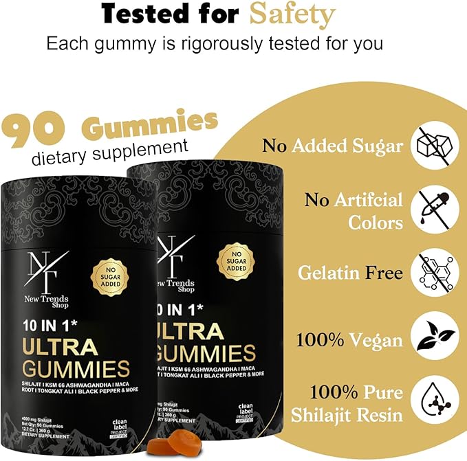 Shilajit Gummies 10-in-1 Ultra Shilajit Gummies | 4000 mg Pure Shilajit Tongkat Ali Maca Root 75% Fulvic Acid | Sugar-Free Vegan 85+ Trace Minerals | 90 Pack