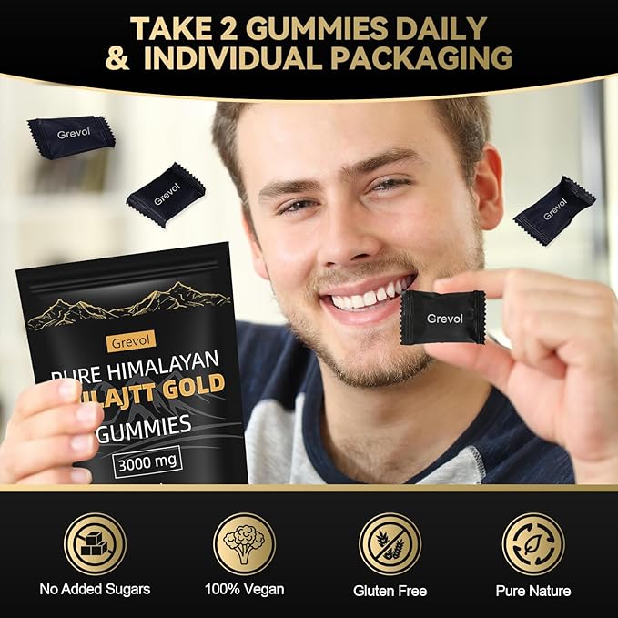 Himalayan Shilajit Gummies with Ashwagandha Fulvic Acid &amp 85+ Trace Minerals - No Added Sugar - Individually Wrapped - 120 Gummy