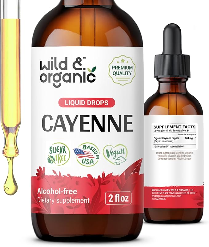 Wild &amp Organic Cayenne Pepper Tincture - Capsaicin Supplements for Digestive Support - Cayenne Pepper Extract Liquid - Vegan Alcohol-Free Drops - 2 fl oz