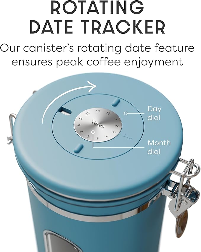 Veken Coffee Canister with Window Easter Gifts Airtight Stainless Steel Container with Lids Home Kitchen Food Storage Jars for Grounds Beans Tea Flour Cereal Sugar Basket Scoop 22OZ Blue