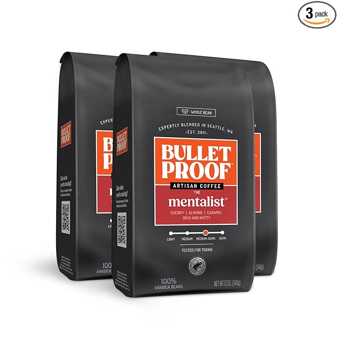 Bulletproof The Mentalist Medium-Dark Roast Whole Bean Coffee 12 Ounces (Pack of 3) Clean Coffee Tested for Toxins