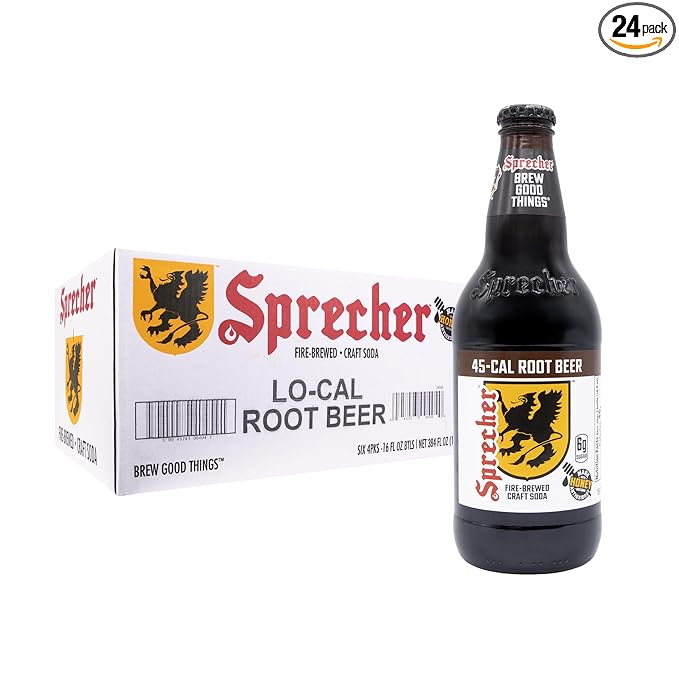 Sprecher Low Cal Root Beer in 16 fl oz Glass Bottles (24 Pack) Fire Brewed Low Calorie Craft Root Beer with Real Honey Naturally Flavored Gourmet Soft Drink