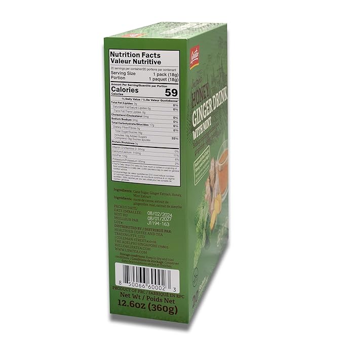 Lipatea Instant Honey Ginger Drink with Mint Caffeine Free Gluten Free Halal - Made with Real Ginger Honey &amp Cane Sugar Min Tea (Pack of 2)