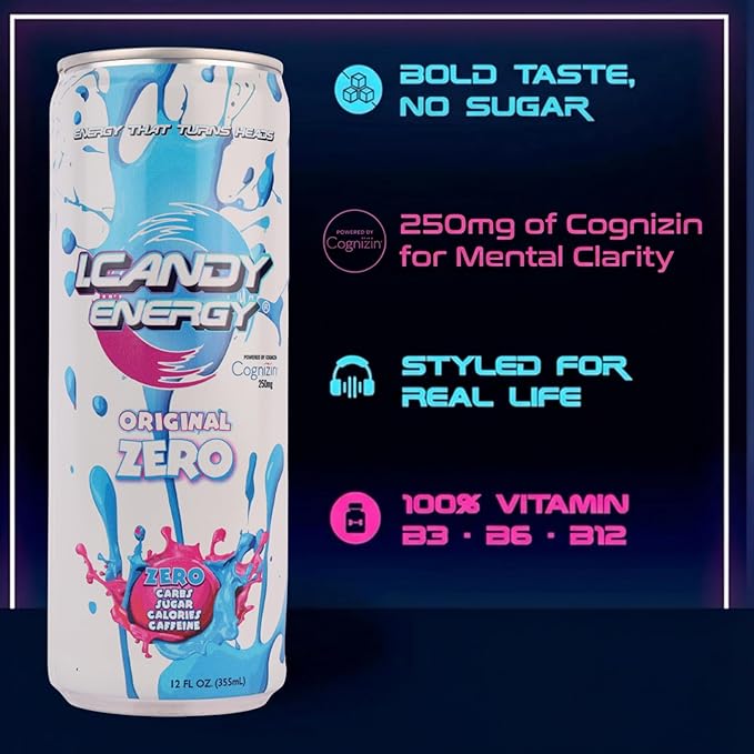 I.CANDY ZERO Energy Drink Caffeine Free Sugar Free Energy Drinks 12 Pack 12 oz Cans Zero Sugar Zero Calorie 250mg Cognizin Citicoline No Caffeine Mental Focus Energy