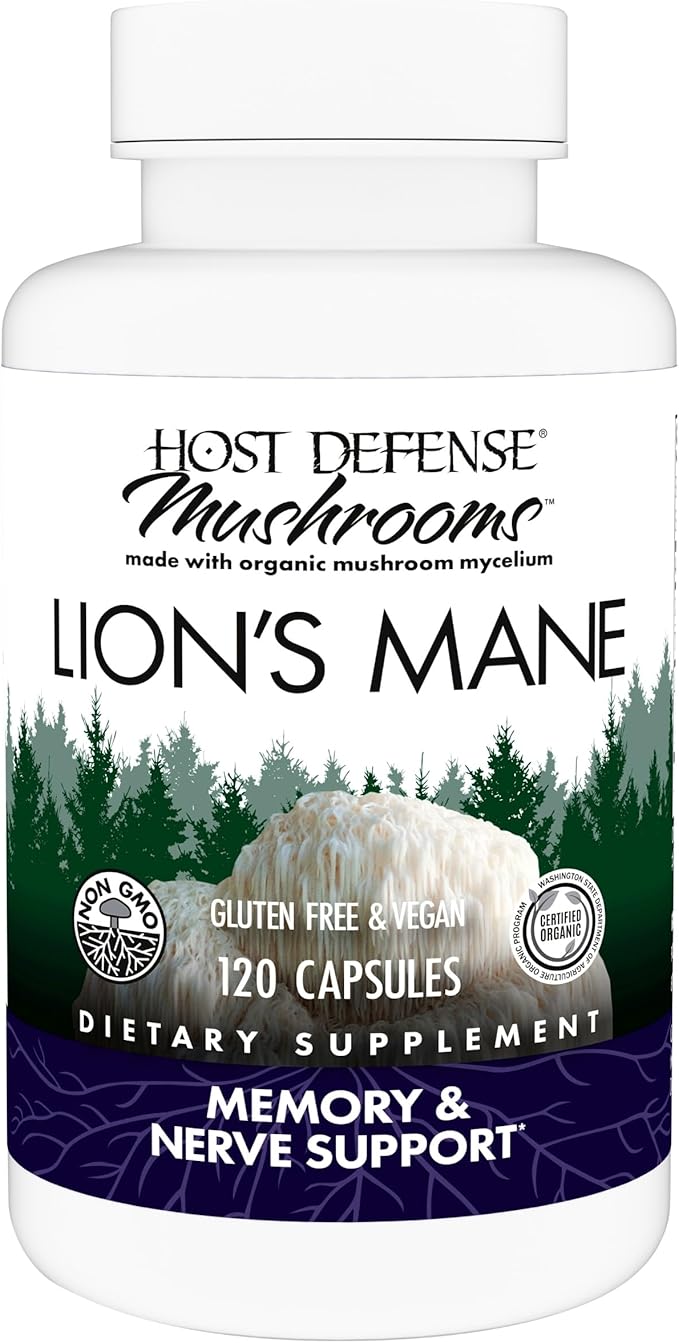 Host Defense Mushrooms Lion's Mane - Supplement Capsules for Brain Health Support - Mushroom Support for Focus &amp Memory Function - Immune &amp Nervous System Supplement - 120 Capsules