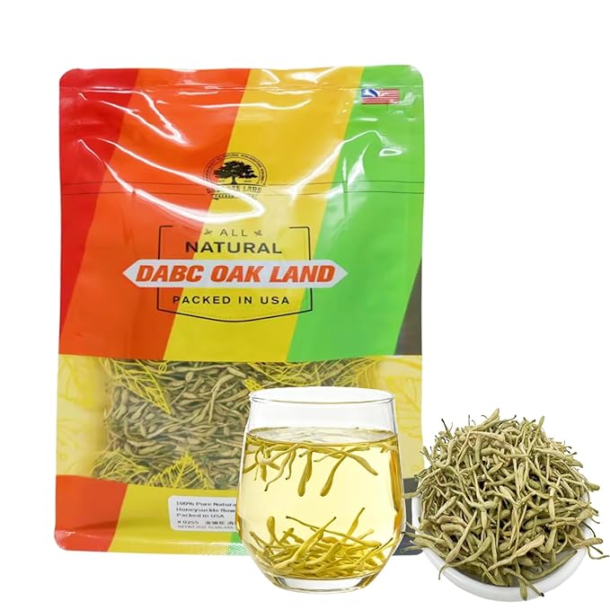 DABC OAK LAND Premium Dried Honeysuckle Tea Jin Yin Hua Honeysuckle Flowers Buds Wild Lonicera Japonica Chinese Traditional Loose Herbal Tea Caffeine Free - Refreshing &amp Clean Taste 金银花 8OZ/Bag