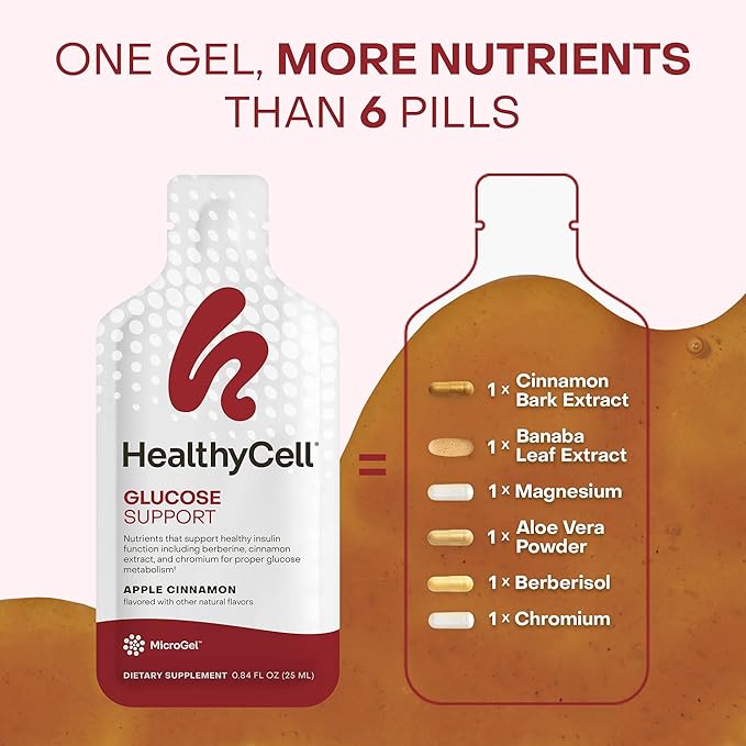 HealthyCell Glucose Support Supplement to Support Balanced Blood Sugar - Berberine Cinnamon &amp Chromium for Healthy Insulin Function &amp Proper Glucose Metabolism - 30 Gel Packs Apple Cinnamon