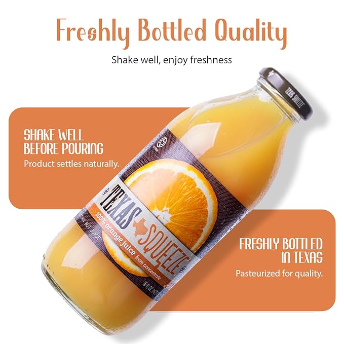 Texas Squeeze Orange Juice NON GMO Verified Texas Grown and Bottled Orange Juice from Concentrate No Sugar Added No Preservatives 16 fl oz Pack of 12