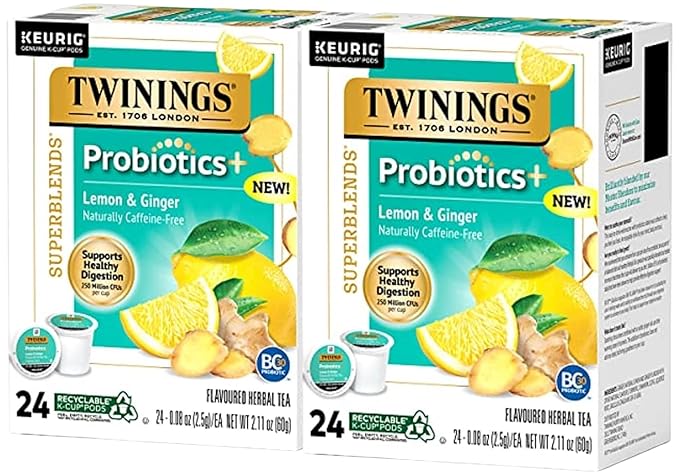 Twinings Probiotics Lemon &amp Ginger Herbal Tea Supports Digestive Health Single Serve K-Cup Pods for Keurig Naturally Caffeine Free 24 Count (Pack of 2)
