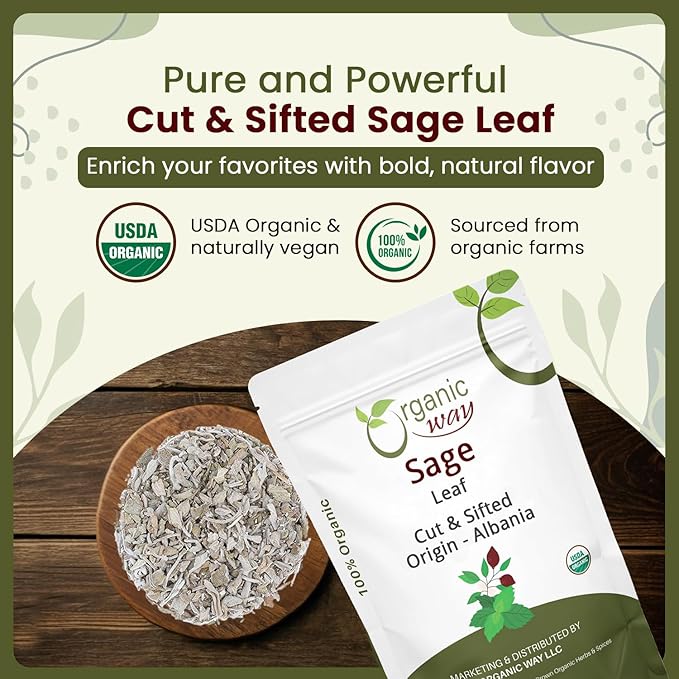 Organic Way Sage Leaf Cut &amp Sifted (Salvia officinalis) | Herbal Tea - European Wild-Harvest | Kosher Certified | Raw Non GMO &amp Gluten Free | USDA Certified | Origin - Albania | 16 Oz (Pack o