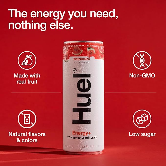 Huel Energy+ | Watermelon Energy Drink | Refreshing Plant-Based Drink with Real Fruit | 200mg of Caffeine and 27 Vitamins &amp Minerals | 35 Calories per 12 FL Oz 12 Pack