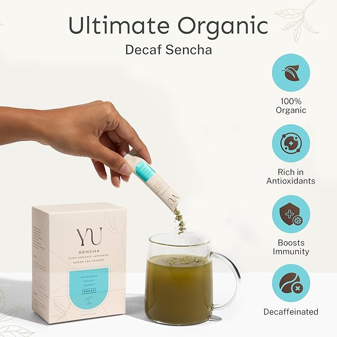 Yu Tea Decaf Organic Sencha Green Tea Powder 30 Instant Packets | Rich in Antioxidants EGCG &amp L-Theanine | Pure Japanese First Harvest Leaf | Caffeine-Free &amp Unsweetened | Single Serve Stic
