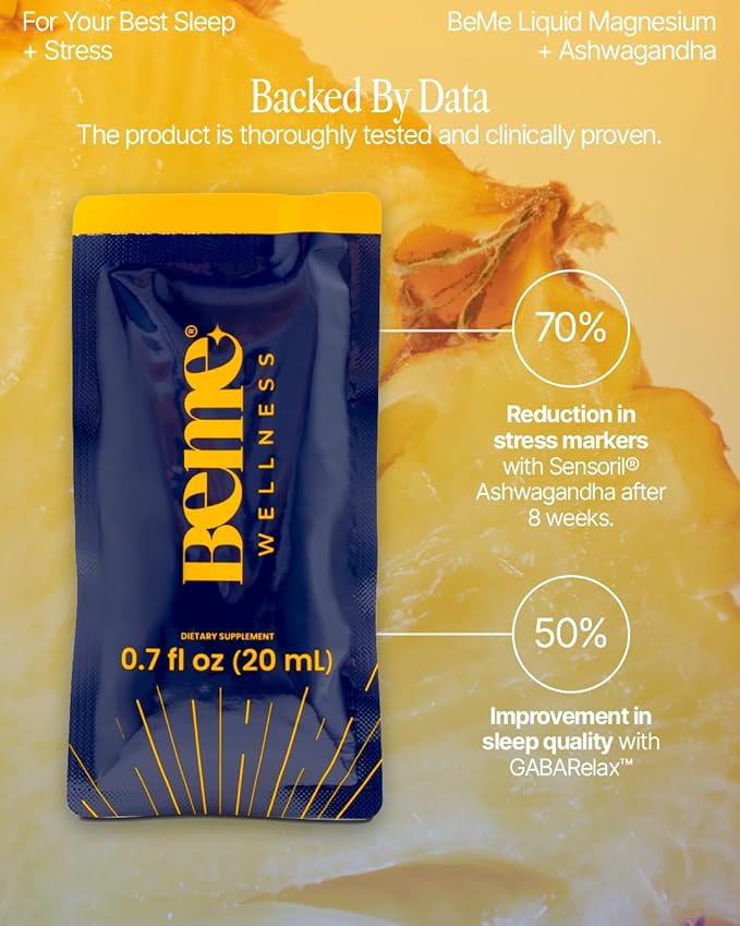 BeMe Magnesium Drink for Sleep - Melatonin-Free Magnesium for Sleep with Ashwagandha L-Theanine &amp GABA - Fast-Absorbing Calm Pineapple - 15 Sachets