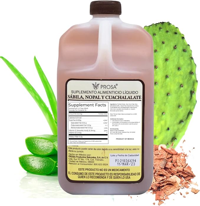YERBERO - PROSA Aloe Vera Nopal Cactus and Cuachalalate Herbal Supplement – 33.8 fl oz (1.05 qt / 1L) – with Vitamin C for Digestive &amp Immune Support