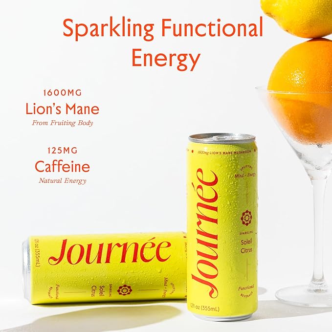 Journée Wellness Energy Drink Natural Caffeine Lion’s Mane L-Theanine 125 mg Caffeine Real Fruit All Natural 0 Added Sugar Cognition Immunity - Soleil Citrus - Tropical Citrus – 12 Pack