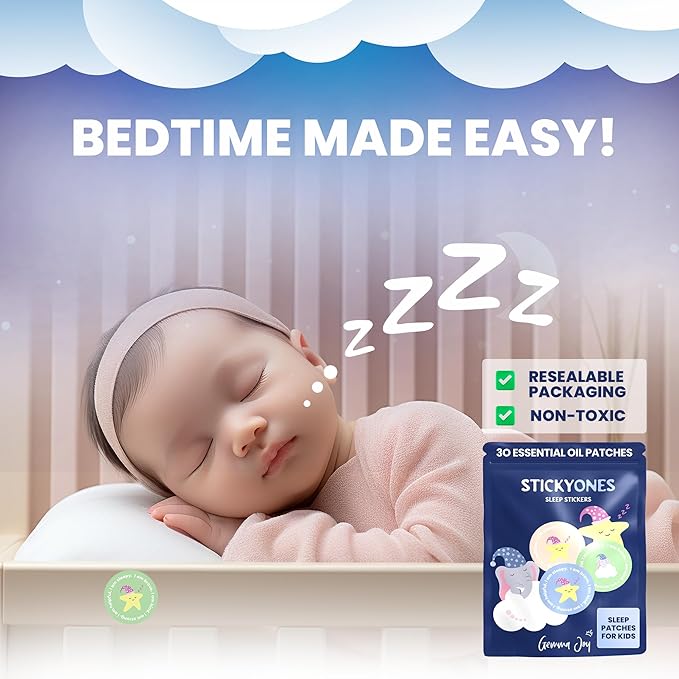 Gemma Joy Bedtime Baby Soothers &amp StickyOnes Sleep Patches - Cry Activated Heartbeat Bunny Plush Toy Stuffed Animal with Calming Light &amp All-Natural No Melatonin Bedtime Patches for Kids and