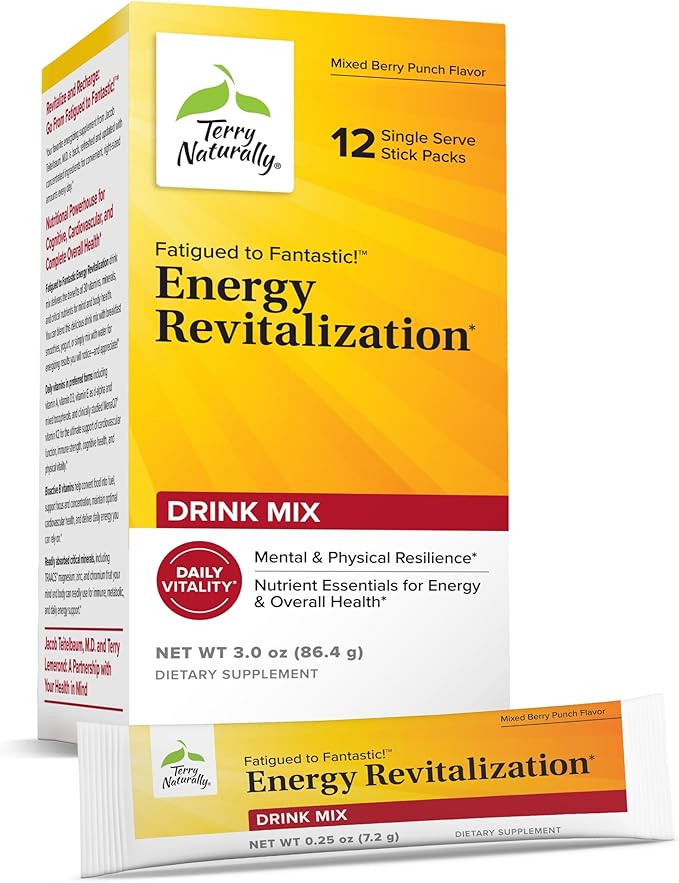 Terry Naturally Fatigued to Fantastic Energy Revitalization - Drink Mix for Energy with L-Tyrosine Vitamins A D3 E &amp B - Supports Heart Health - 12 Individual Packets (12 Servings)