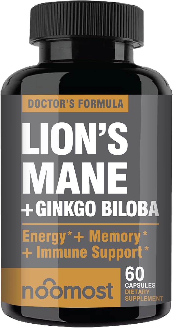 NooMost Lions Mane Supplement Organic Capsules - With Ginkgo Biloba - Cognitive Health Focus &amp Memory Support - Natural Superfood for Brain Energy &amp Immune Health - Non GMO- 60 Caps - 2 Mont