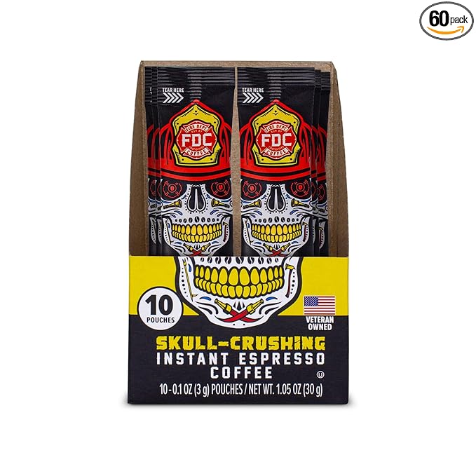 Fire Department Coffee Skull-Crushing Espresso Dark Roast Instant Coffee Packets - 60 Single Serve Packets - Gives Back to Firefighters - Veteran Owned