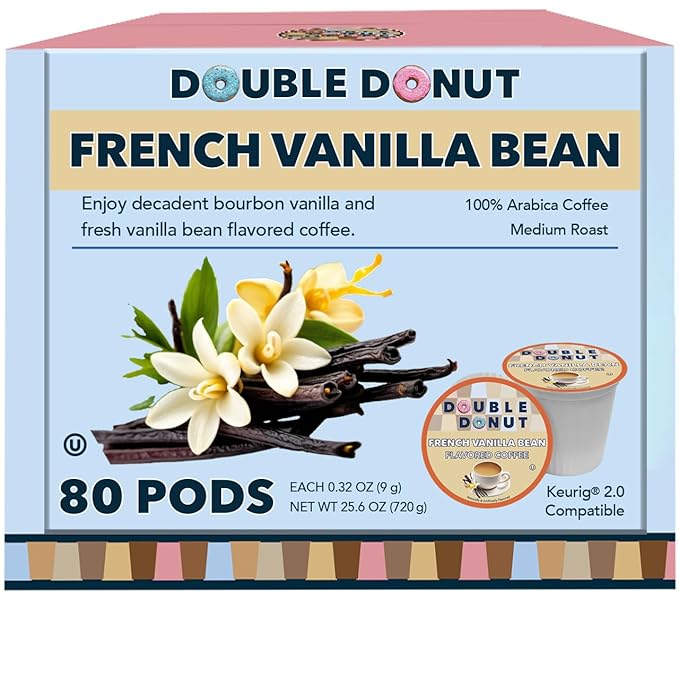 Double Donut Coffee French Vanilla Coffee Medium Roast Flavored Coffee Pods for Keurig K Cups Makers from Double Donut 80 Count (Pack of 1)