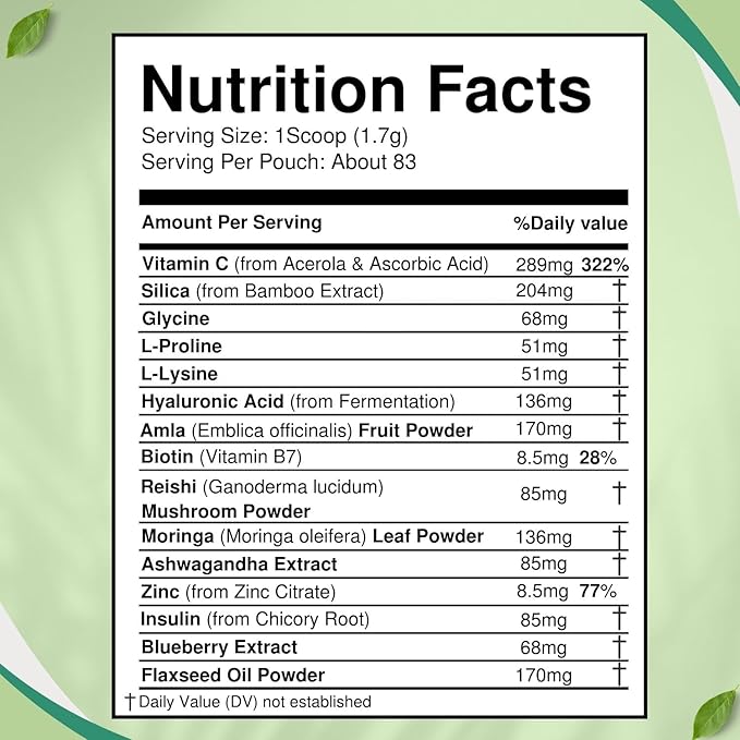 Vegan Collagen Builder Powder - 83 Servings - Gluten-Free Plant-Based Collagen Support with Hyaluronic Acid Amla Reishi Ashwagandha - Skin Hydration Hair &amp Nail Strength (5oz/142g)